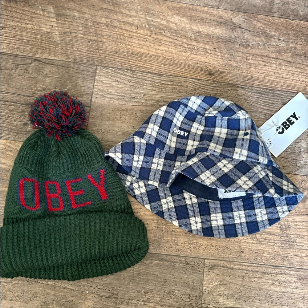 Obey Green and Red Beanie & Blue Plaid Bucket Hat Set